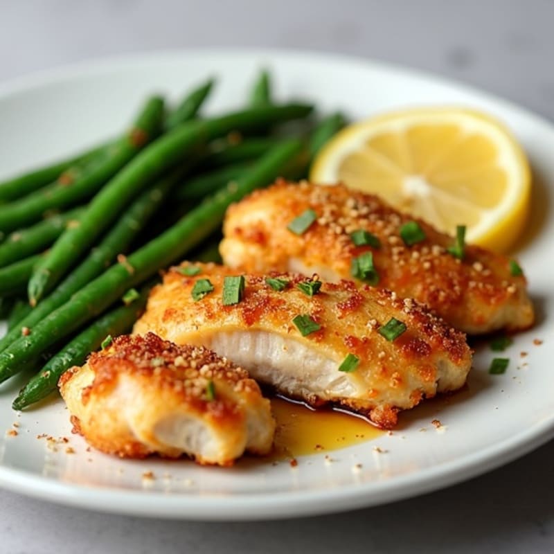 Crispy Lemon Garlic Chicken Tenderloins with Roasted Green Beans