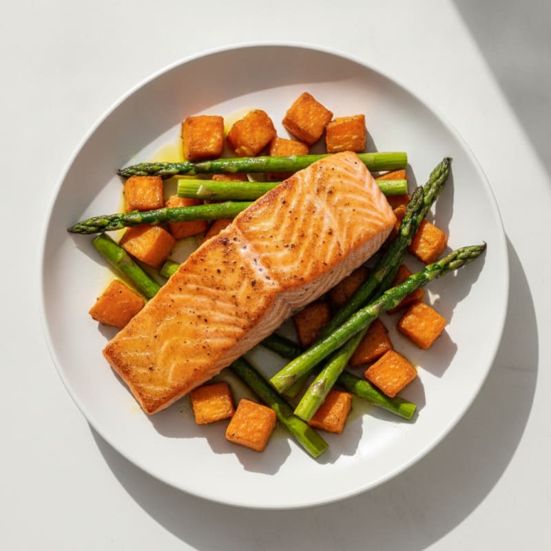 Seared Salmon with Roasted Sweet Potato and Asparagus
