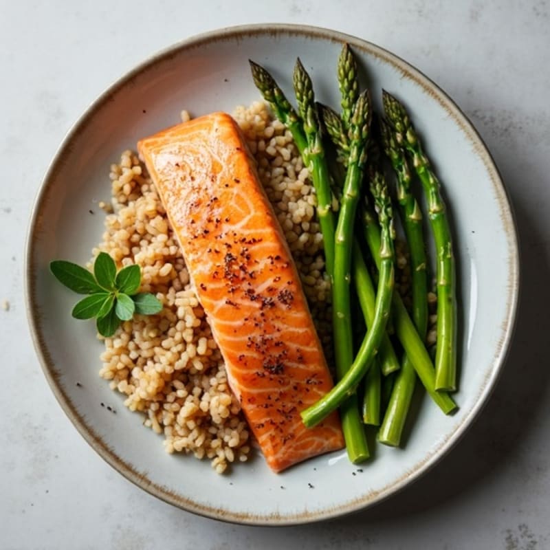 Seared Salmon with Steamed Asparagus and Brown Rice