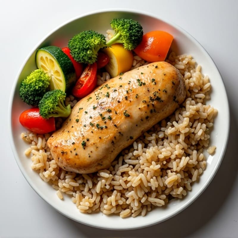 Herb-Roasted Chicken with Garlic Rice and Roasted Vegetables