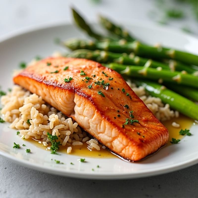 Seared Salmon with Steamed Asparagus and Brown Rice