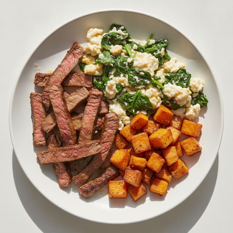 Egg White and Spinach Scramble with Grilled Steak Strips
