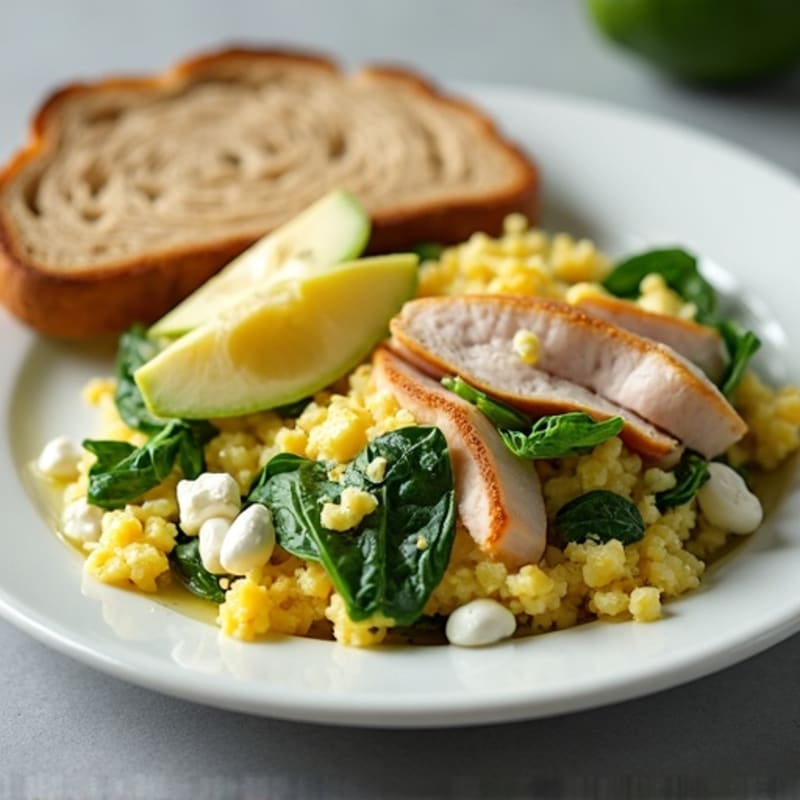 Egg White and Spinach Scramble with Cottage Cheese and Sliced Turkey