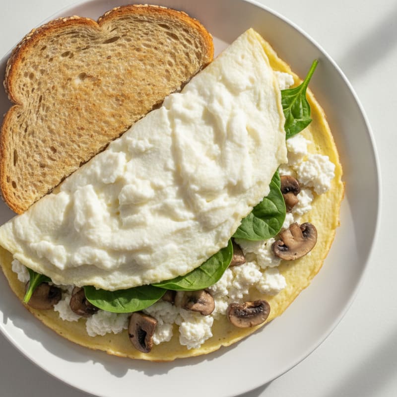 Egg White Spinach Omelet with Cottage Cheese and Sautéed Mushrooms