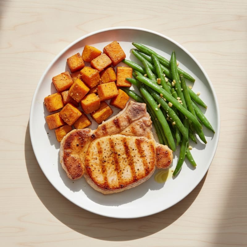 Seared Lean Pork Chop with Roasted Sweet Potato and Green Beans
