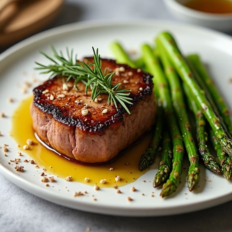 Pan-Seared Tenderloin Steak with Garlic Roasted Asparagus