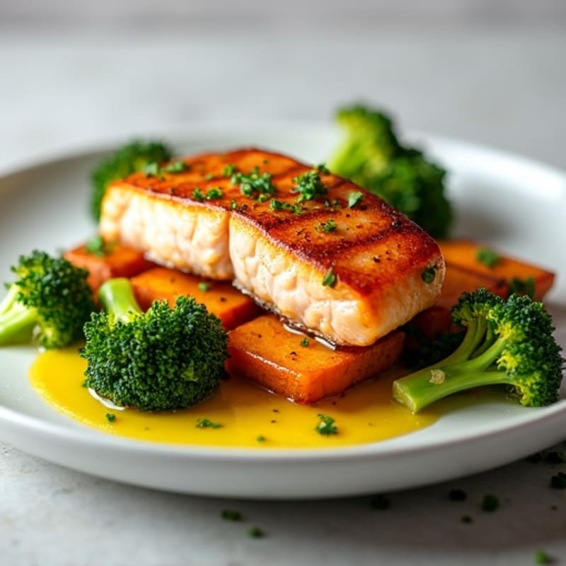 Seared Salmon with Roasted Sweet Potato and Steamed Broccoli