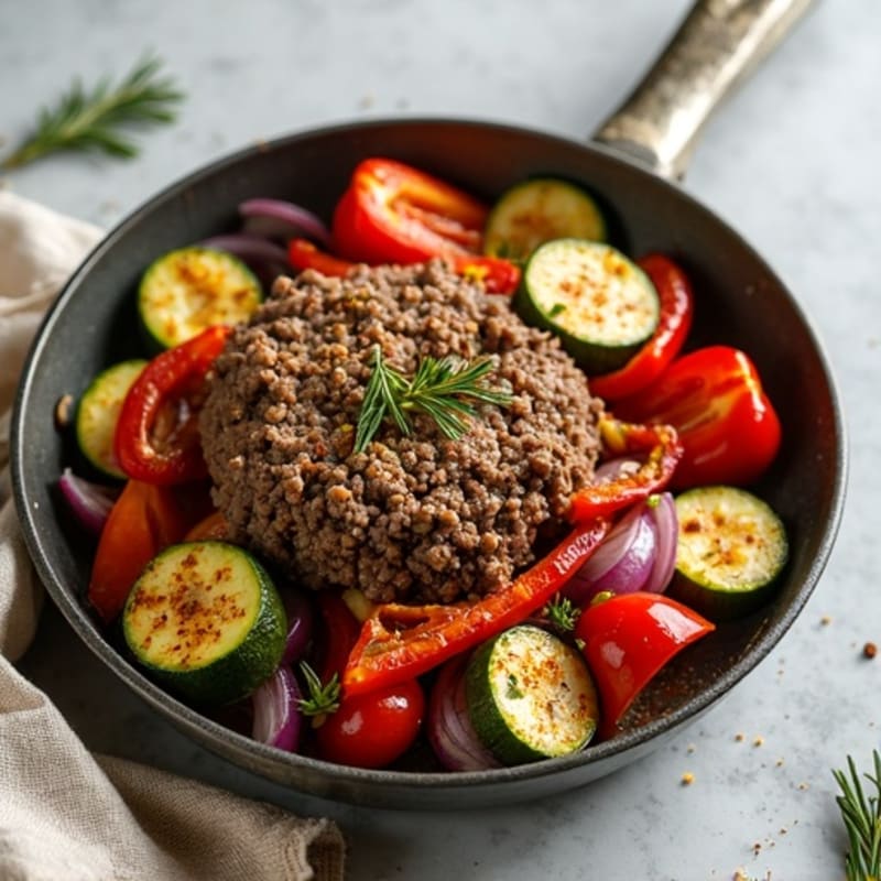 Lean Ground Beef and Roasted Veggie Skillet
