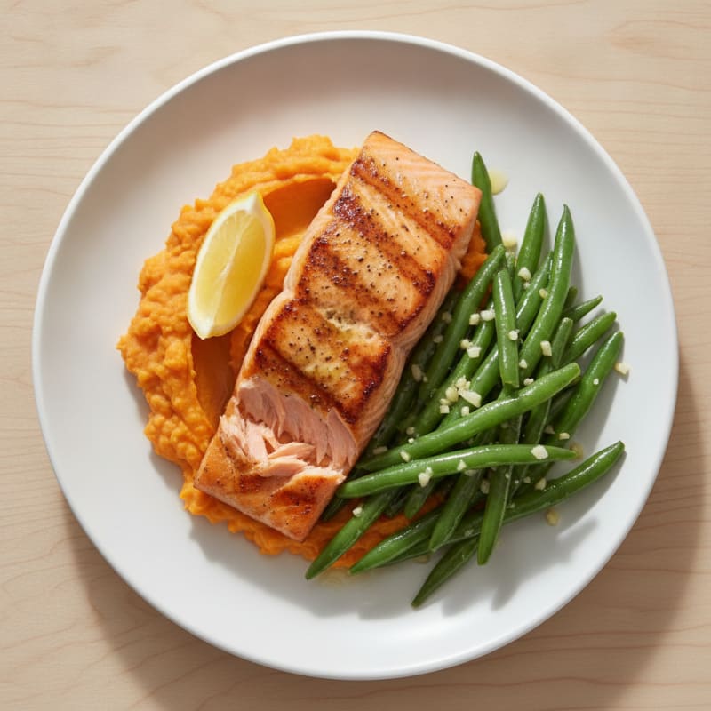 Seared Salmon Fillet with Garlic Green Beans and Sweet Potato Mash