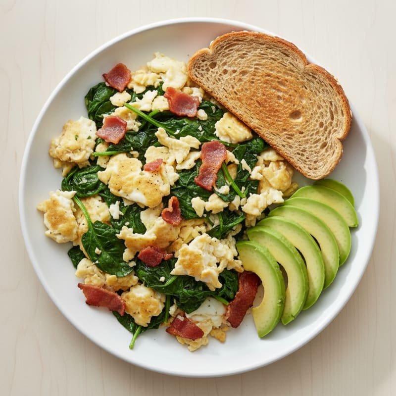 Crispy Turkey Bacon and Egg White Scramble with Sautéed Spinach