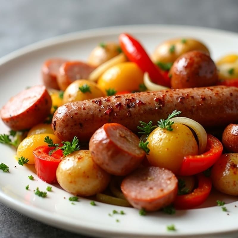 Sheet Pan Lean Sausage and Roasted Potatoes with Bell Peppers and Onions