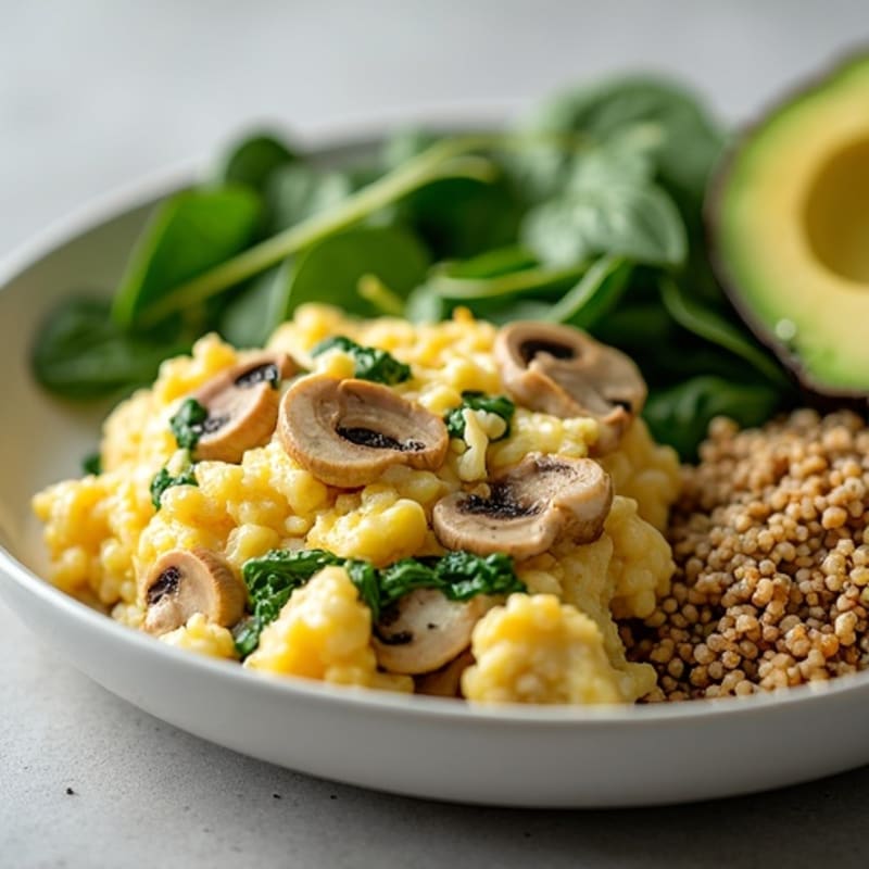 Egg White and Spinach Scramble with Lean Turkey and Sautéed Mushrooms