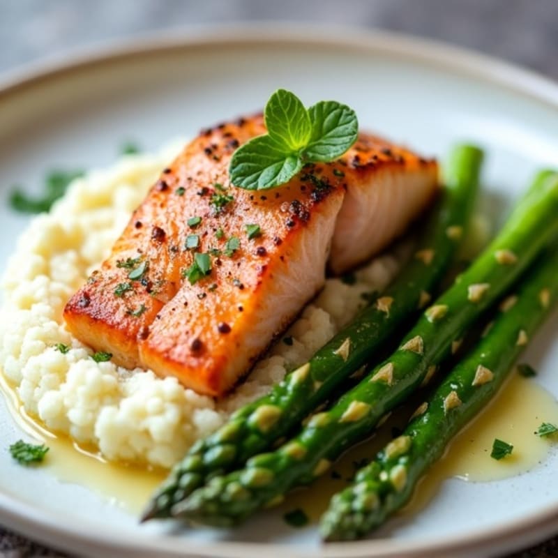 Seared Salmon with Steamed Asparagus and Cauliflower Mash
