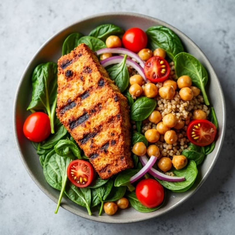Grilled Tempeh with Roasted Chickpea Quinoa Salad