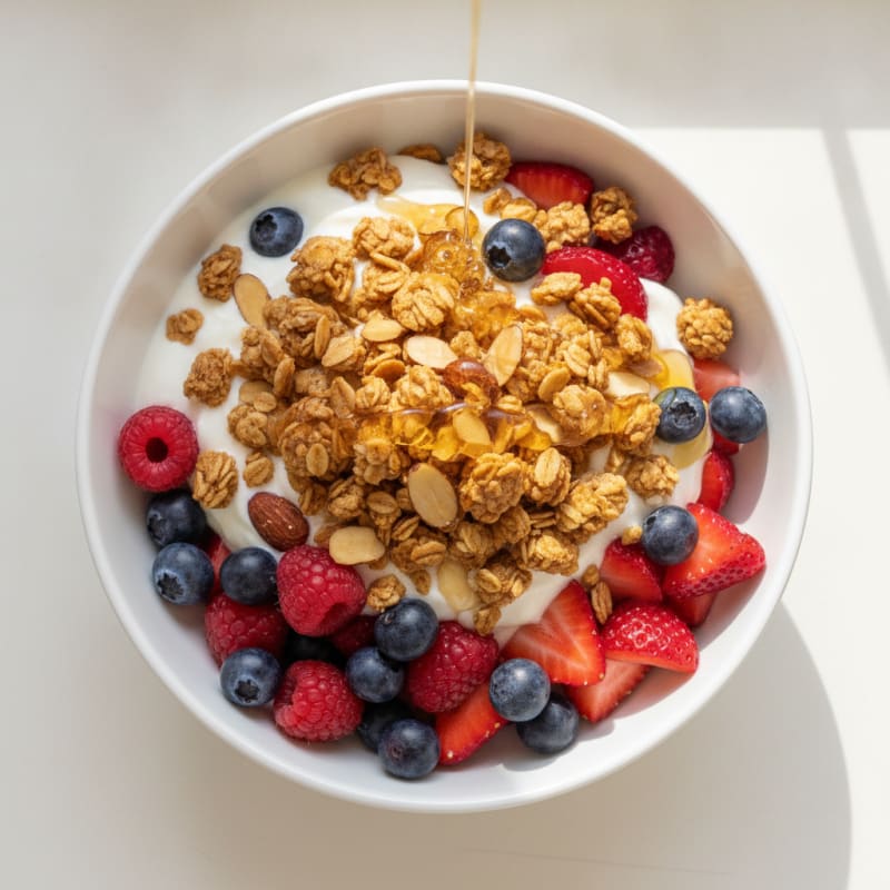 Greek Yogurt Parfait with Crunchy Almond Granola and Mixed Berries