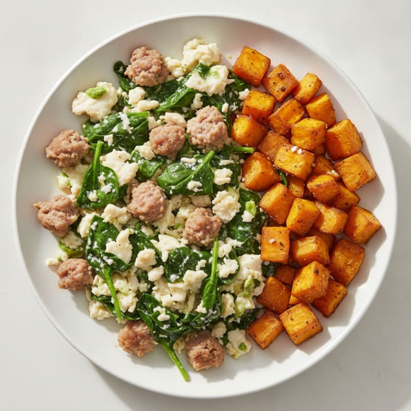 Egg White and Turkey Sausage Scramble with Spinach and Roasted Sweet Potato
