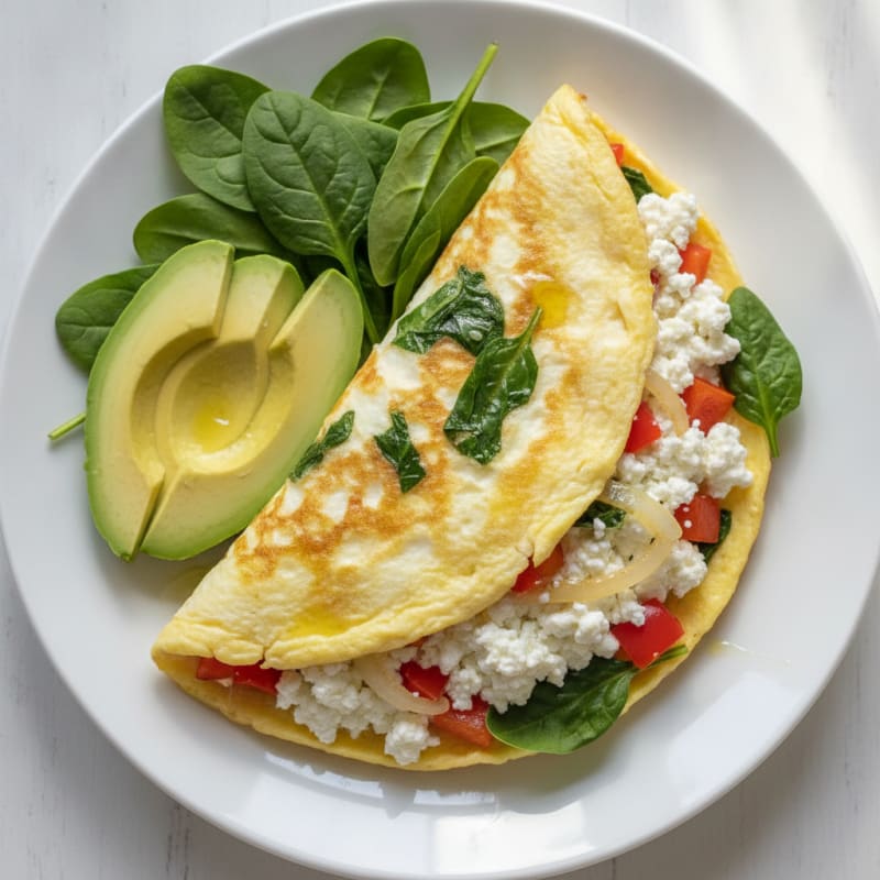 Egg White Veggie Omelet with Cottage Cheese and Fresh Spinach