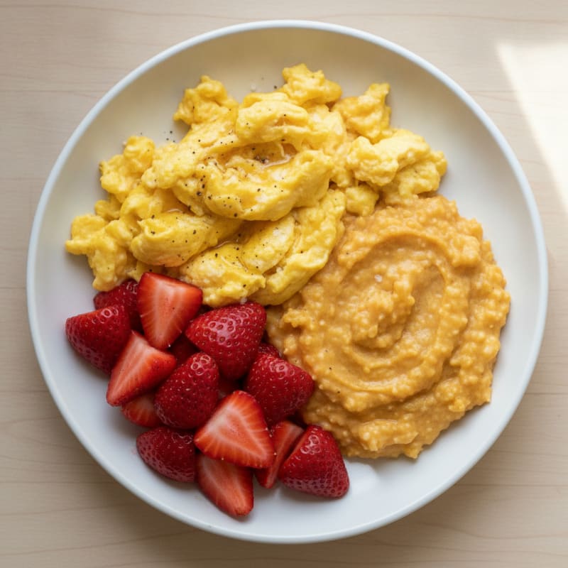 Fluffy Scrambled Eggs with Creamy Grits and Fruit
