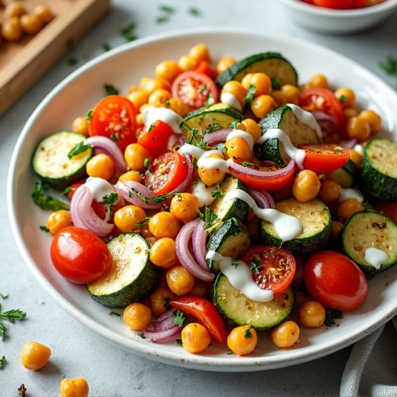 Sheet Pan Roasted Vegetables and Chickpeas with Lemon Herb Dressing