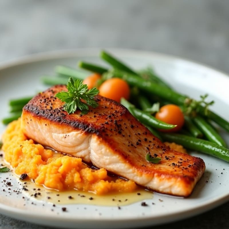 Seared Salmon with Steamed Green Beans and Sweet Potato Mash