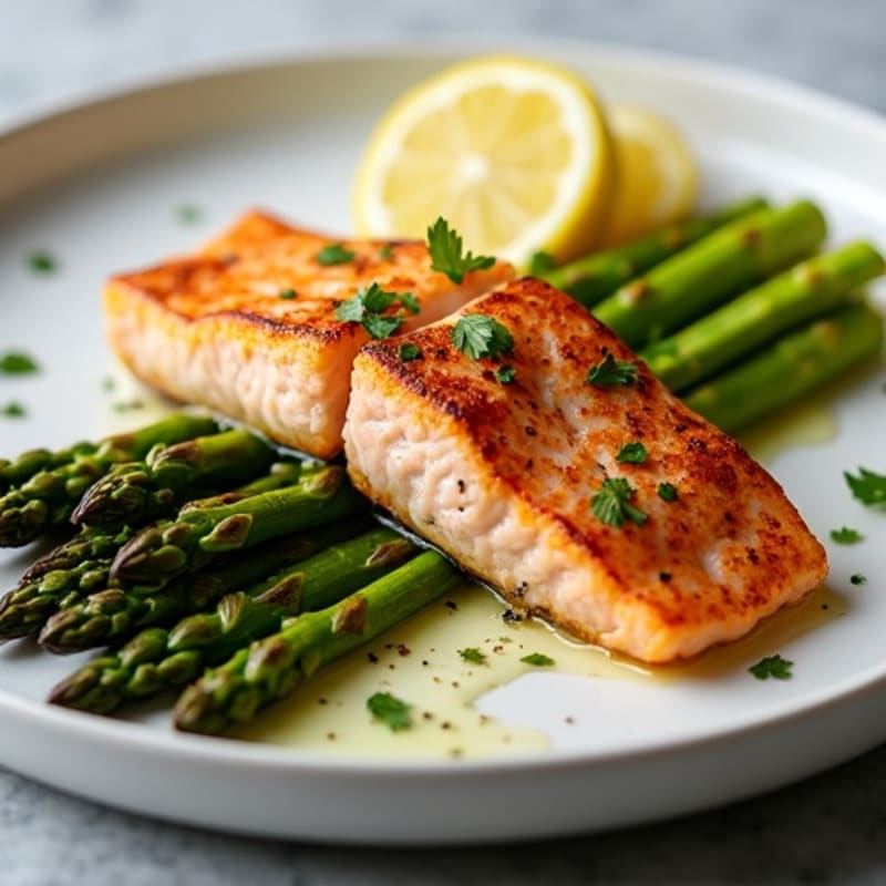 Lemon Garlic Pan-Seared Salmon with Crispy Roasted Asparagus