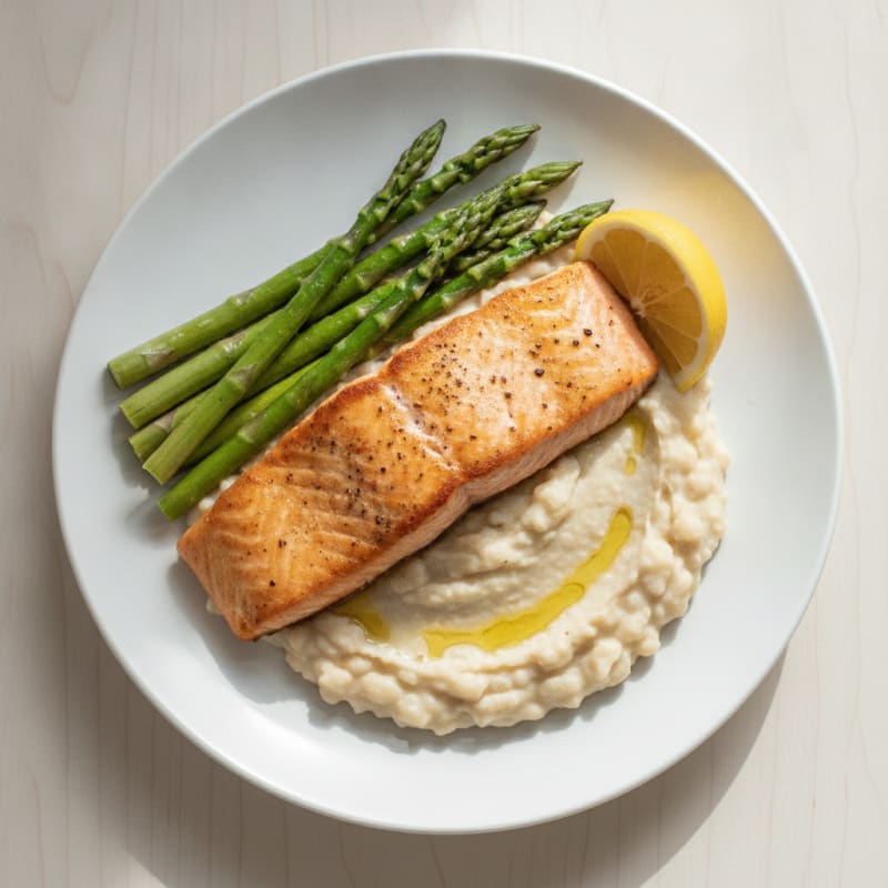 Seared Salmon Fillet with Creamy White Bean Mash and Steamed Asparagus