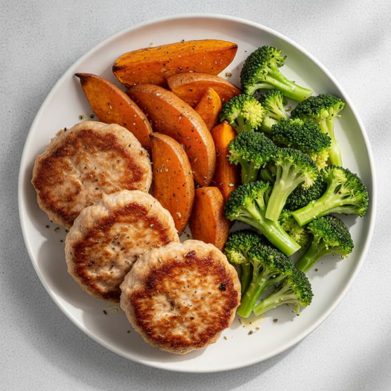 Seared Turkey Patties with Roasted Sweet Potato and Steamed Broccoli
