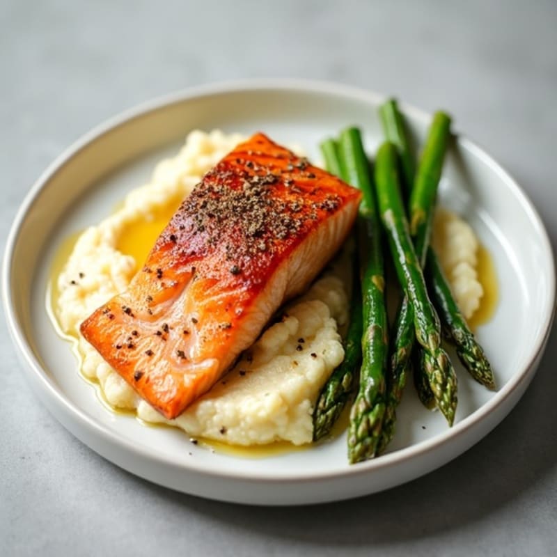 Seared Salmon with Roasted Asparagus and Cauliflower Mash