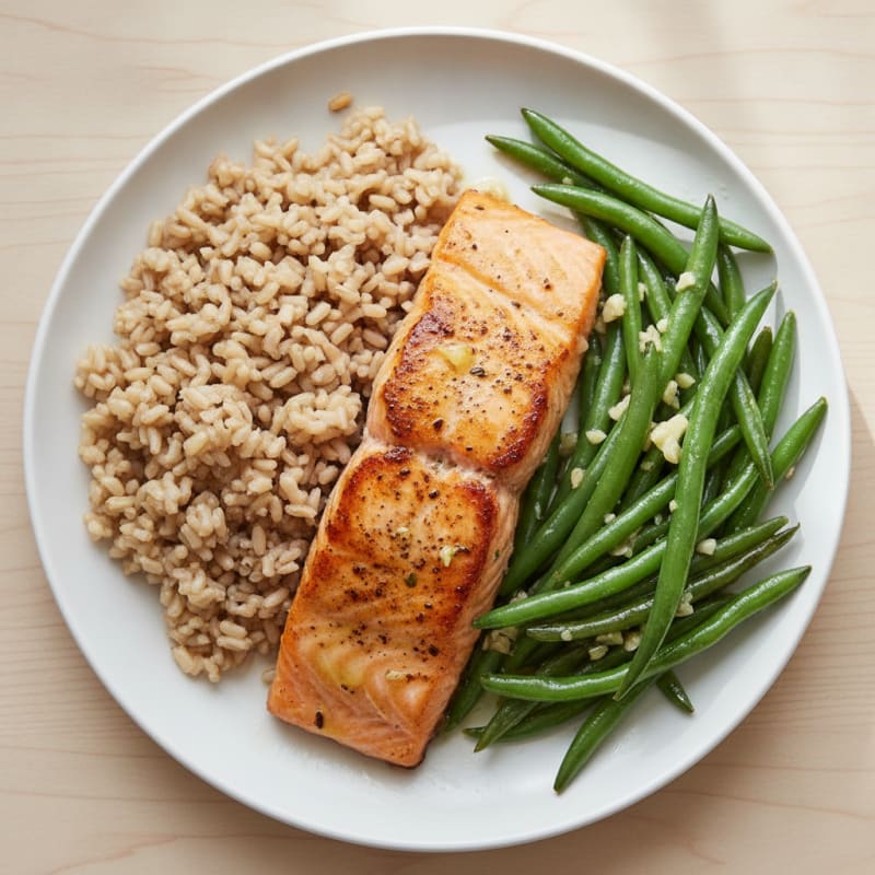 Seared Salmon with Garlic Green Beans and Brown Rice