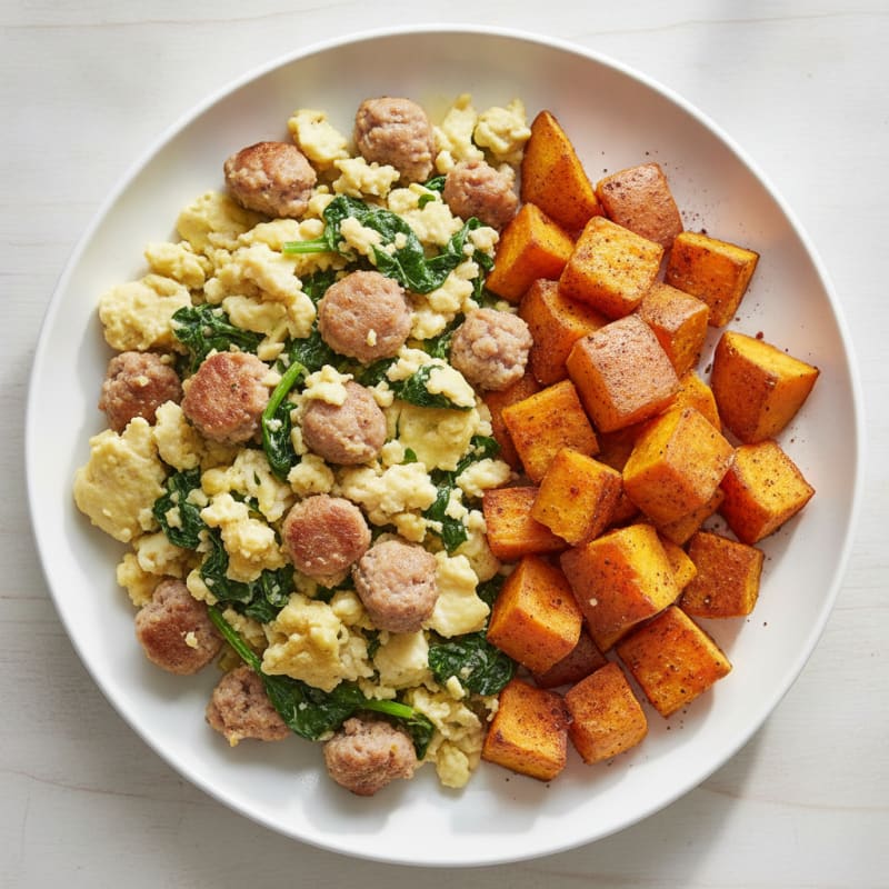 Egg White and Turkey Sausage Scramble with Spinach and Roasted Sweet Potatoes
