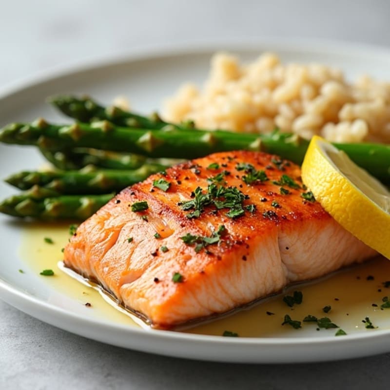 Seared Salmon with Steamed Asparagus and Brown Rice