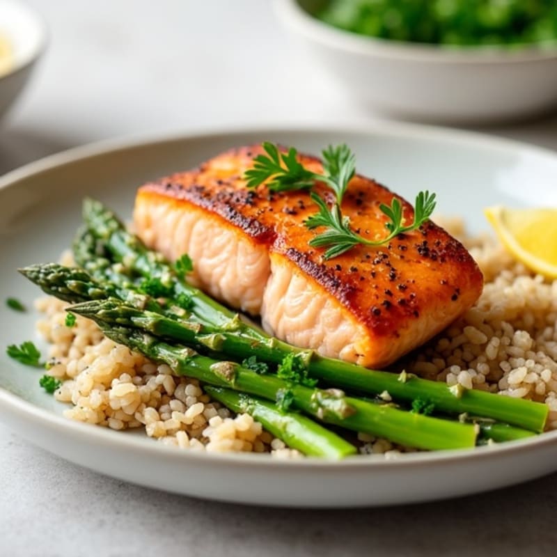 Seared Salmon with Steamed Asparagus and Brown Rice