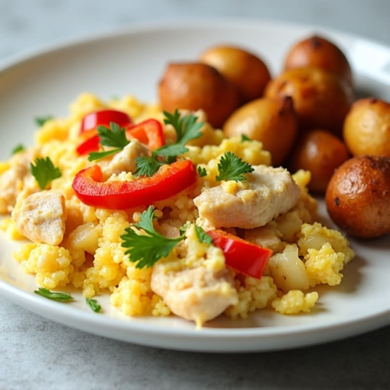 Egg White and Chicken Veggie Scramble with Roasted Potatoes