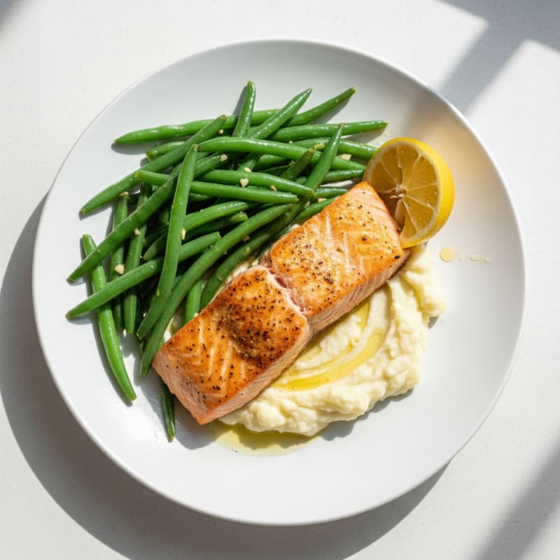 Seared Salmon with Garlic Green Beans and Mashed Cauliflower