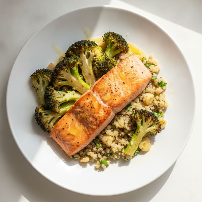 Seared Salmon with Roasted Broccoli and Lemon-Garlic Quinoa