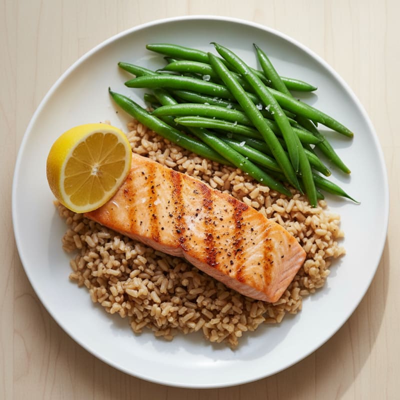 Seared Salmon with Steamed Green Beans and Brown Rice