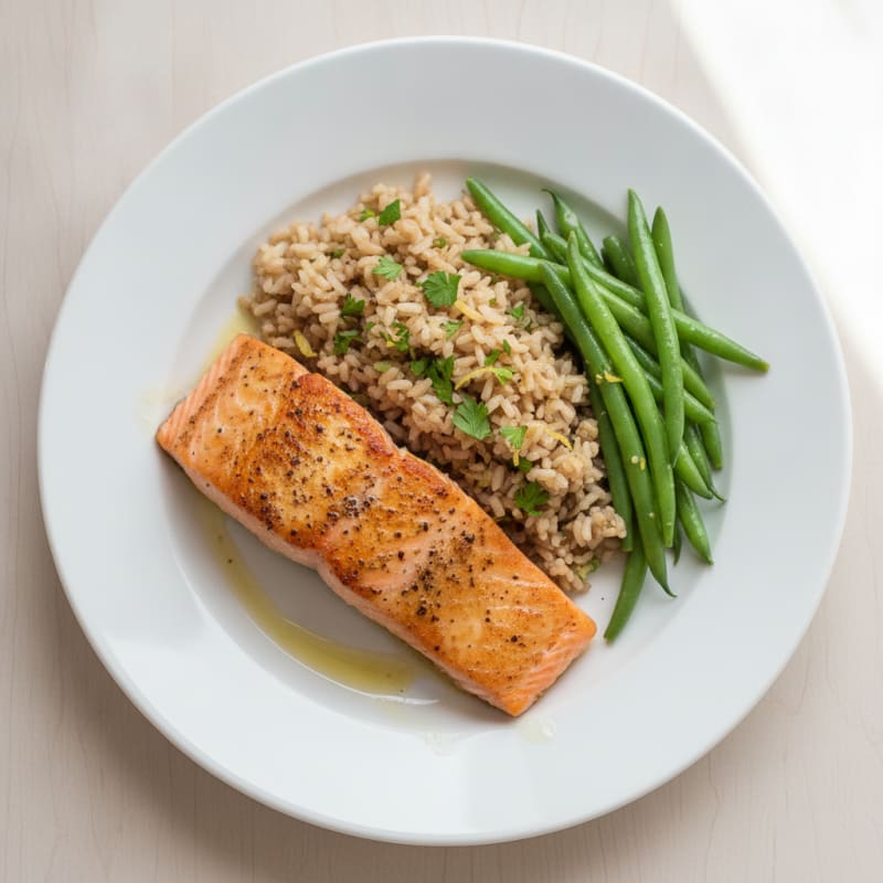 Seared Salmon with Steamed Green Beans and Herbed Brown Rice