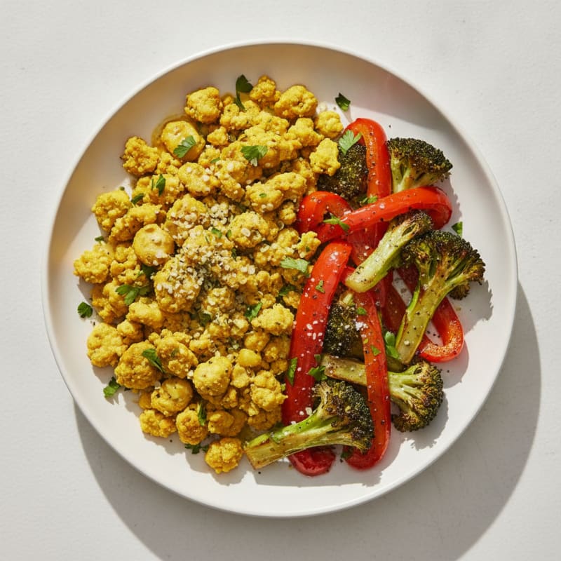Turmeric Fava Bean Scramble with Roasted Vegetables