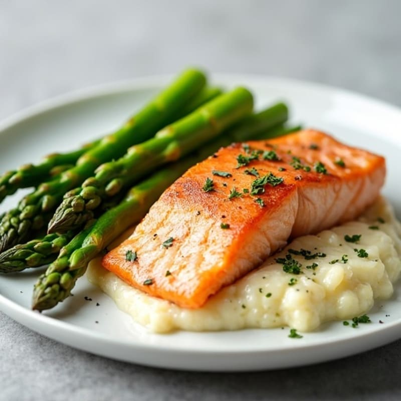 Seared Salmon with Steamed Asparagus and Garlic Cauliflower Mash