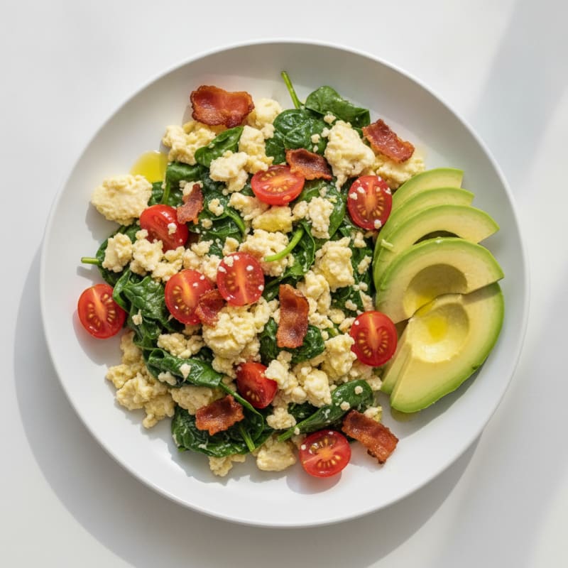 Crispy Turkey Bacon Egg White Scramble with Spinach and Tomatoes