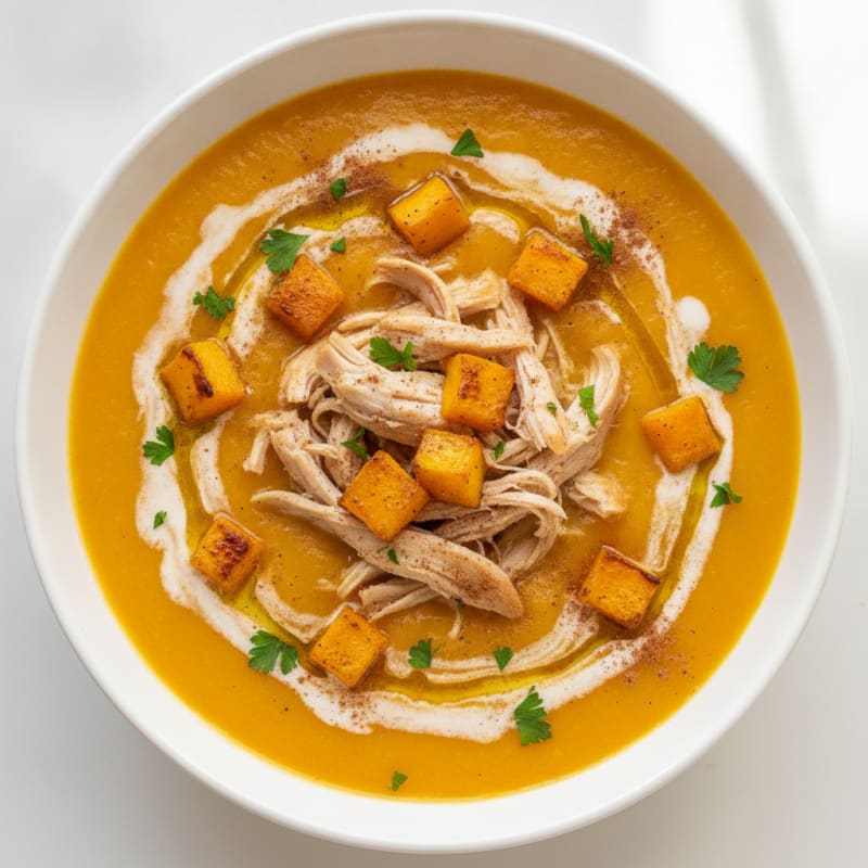 Roasted Butternut Squash Soup with Shredded Chicken