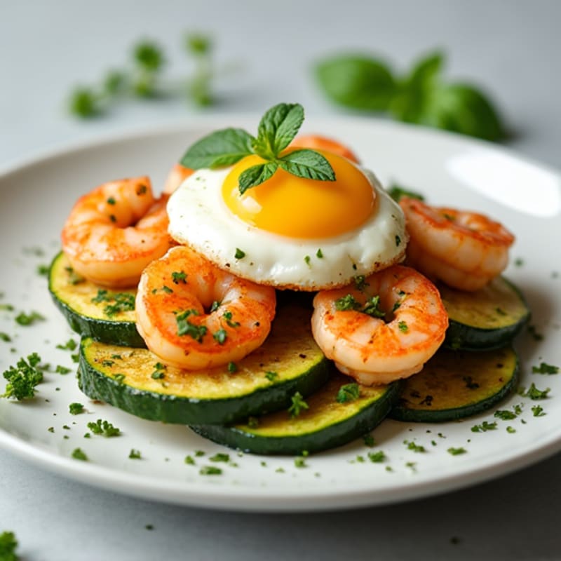 Crispy Garlic-Herb Pan Seared Zucchini with Shrimp & Poached Egg