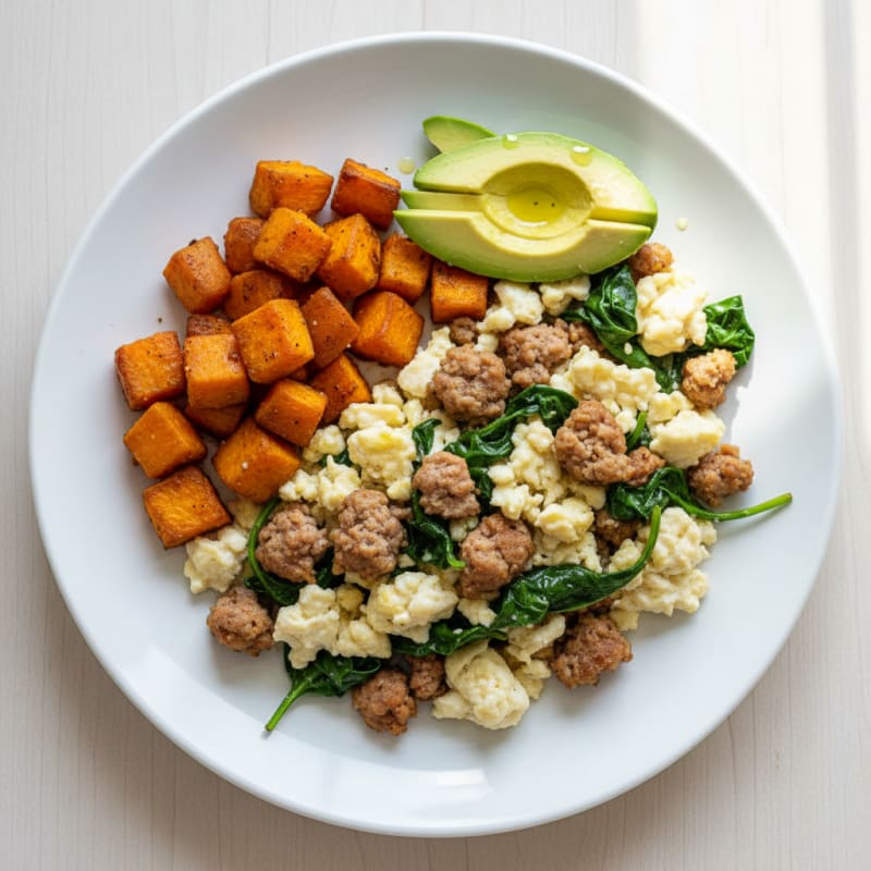 Egg White Scramble with Turkey Sausage and Spinach