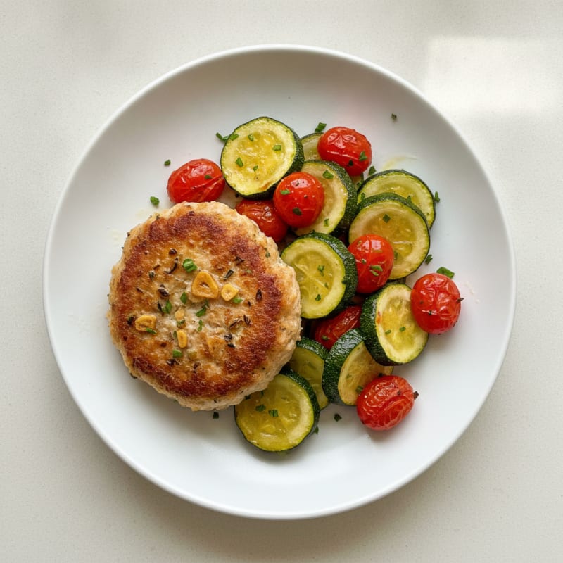 Seared Turkey Patty with Roasted Zucchini and Tomato