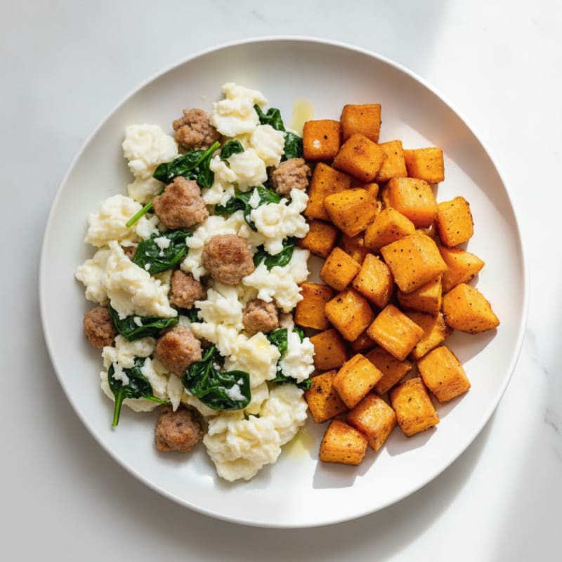 Egg White Scramble with Turkey Sausage and Roasted Sweet Potatoes