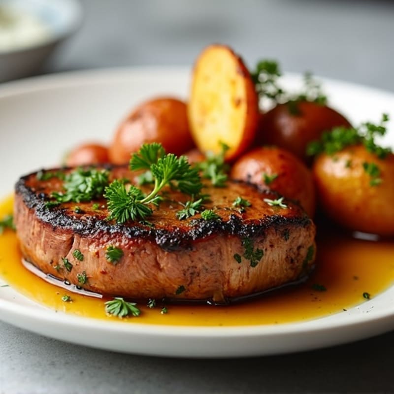 Garlic Herb Pan-Seared Steak with Crispy Roasted Potatoes