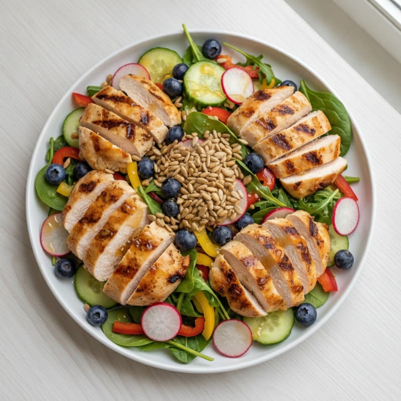 Grilled Chicken Salad with Crunchy Vegetables and Lemon Vinaigrette