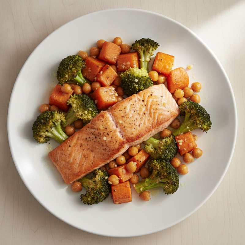 Pan-Seared Salmon with Garlic Roasted Vegetables