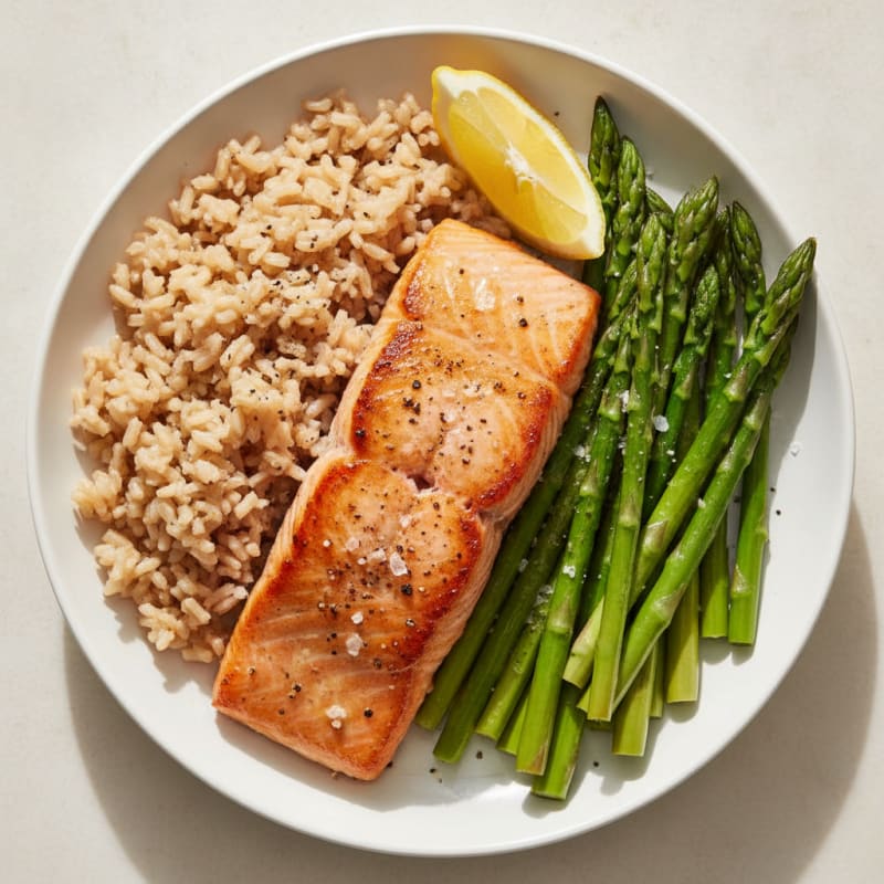 Seared Salmon with Steamed Asparagus and Brown Rice