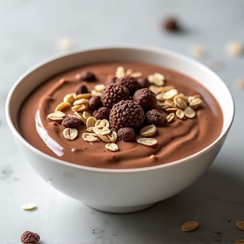 Creamy Chocolate Protein Cheesecake Bowl with Crunchy Cacao Oat Topping